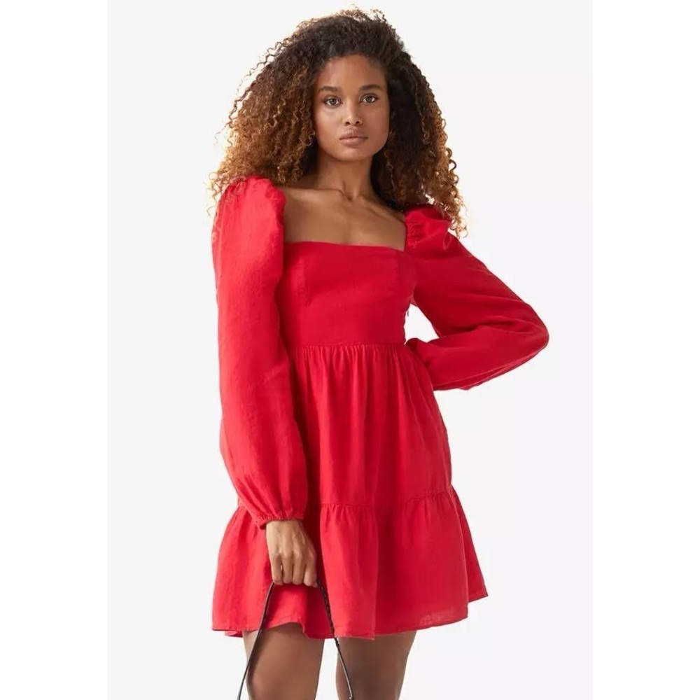 & Other Stories Red Linen Puff Sleeve Mini Dress